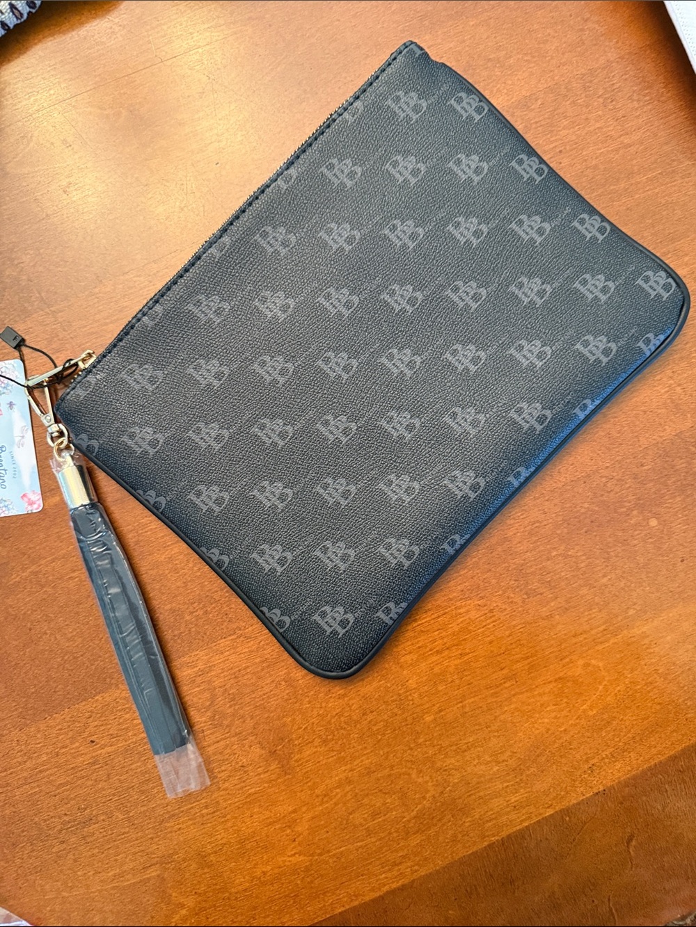 Black Monogram Zip Pouch with tassel